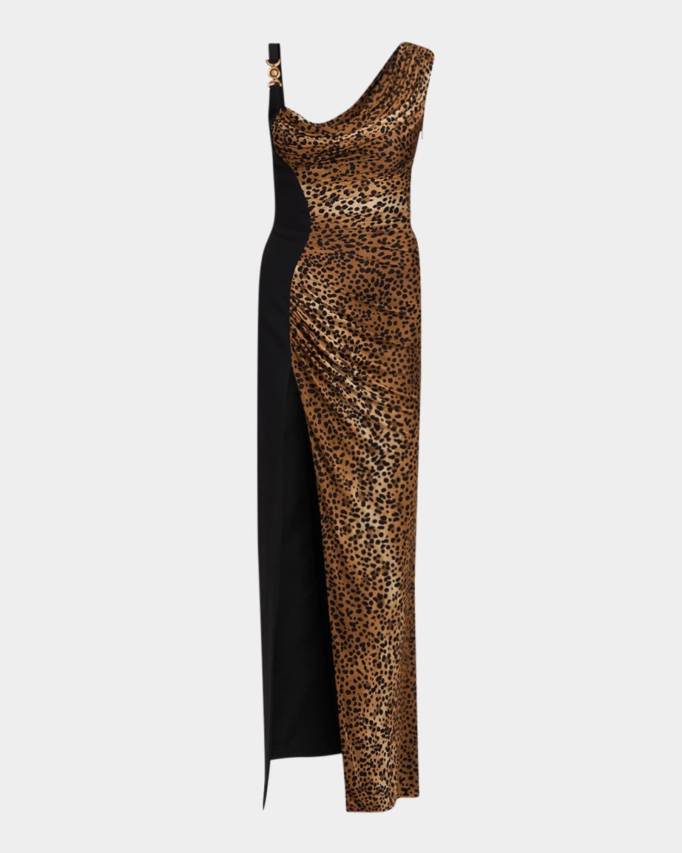 Leopard-Print Draped Liquid Jersey Slit Gown